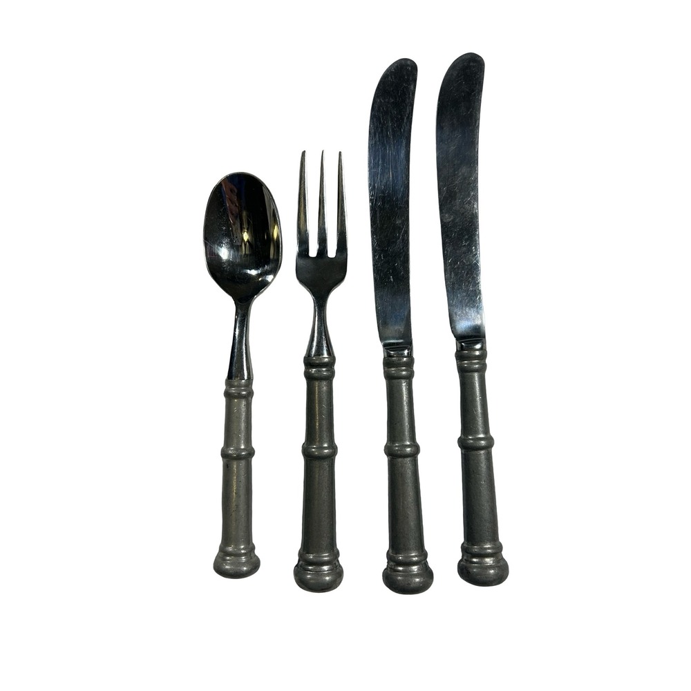 Kirk Pewter Flatware Set 4 Piece Stainless Steel Banded Handle Knives Fork